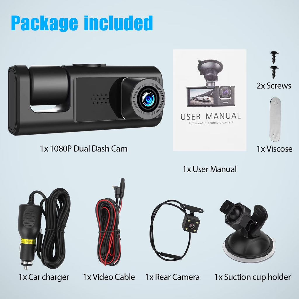 Dash Cam Front and Rear,  3 Channel Dual Dash Camera, 1080P Car Camera DVR Backup Cam, 3 Way Triple Dashboard Driving Recorder, inside IR Night Vision, G-Sensor, Parking Mode
